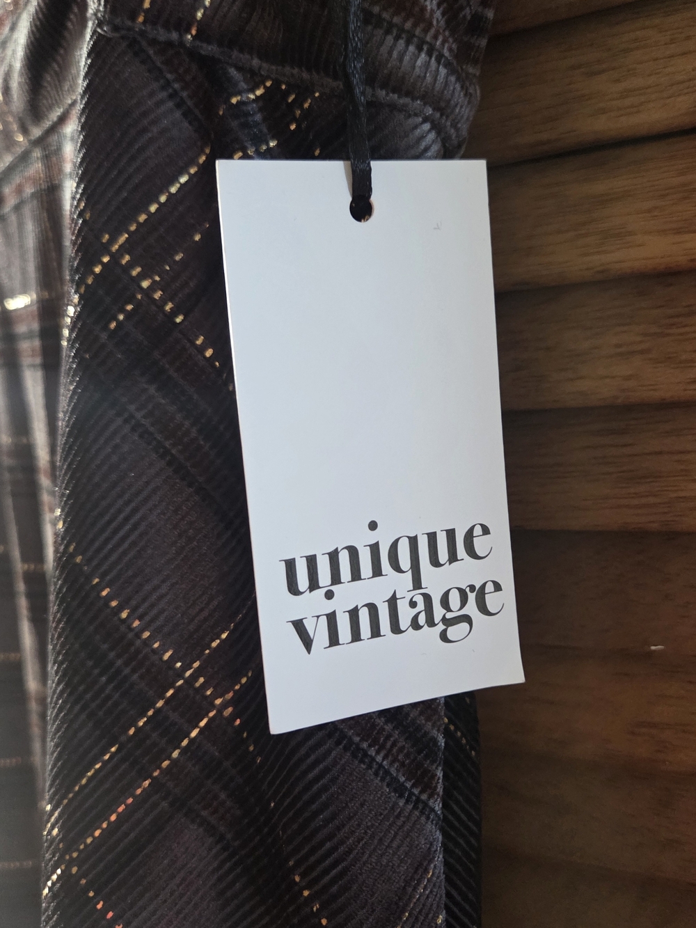 Unique Vintage Grey Brown Plaid Swing Skirt with Gold Threading